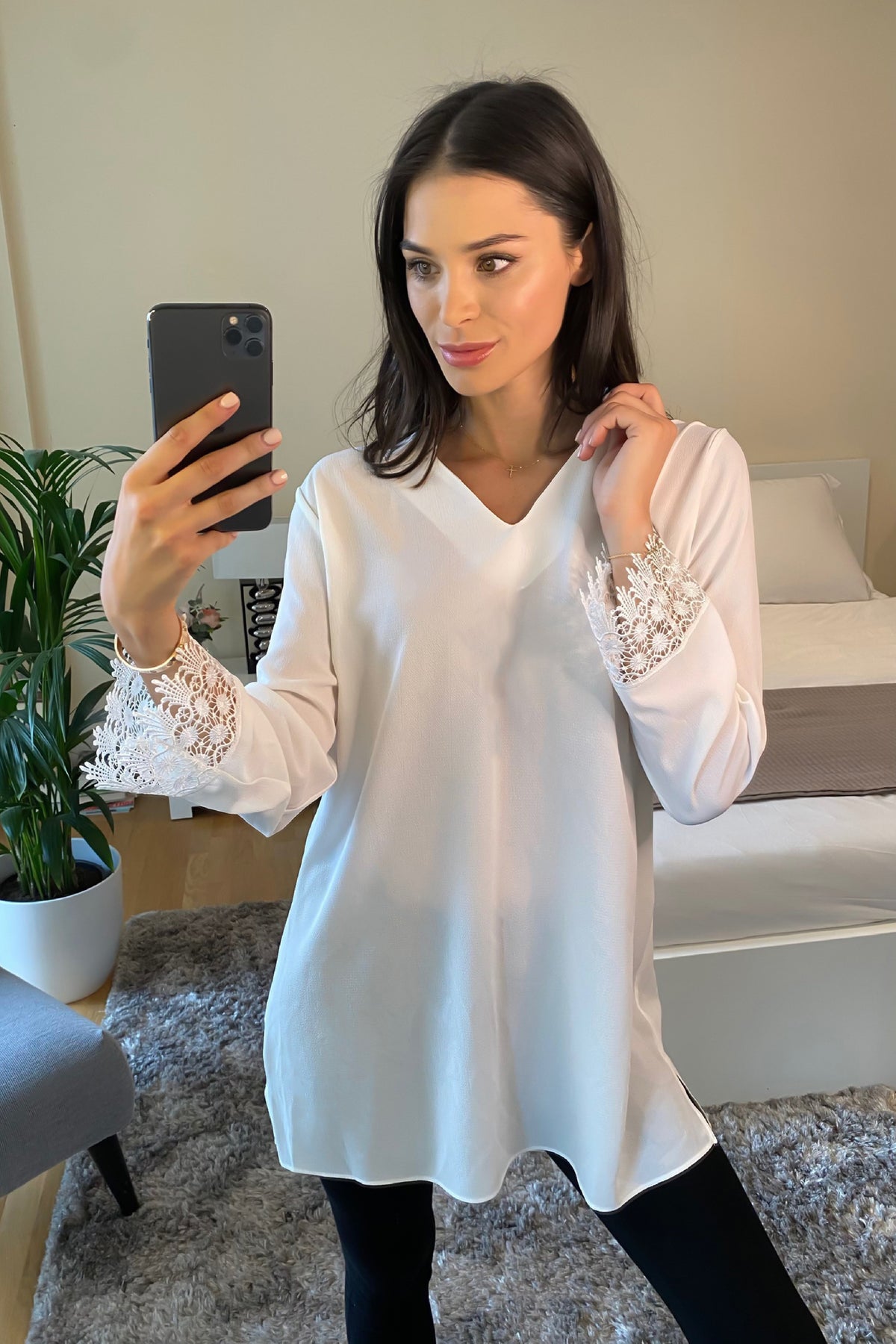 White Oversized Top with Lace Detail