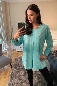Blue Oversized Top with Pearl Detail