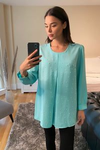 Blue Oversized Top with Pearl Detail