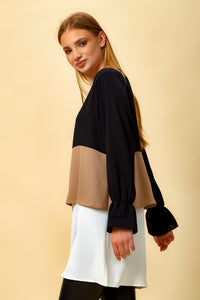 Oversized Colour Block Top in Black, Beige and White