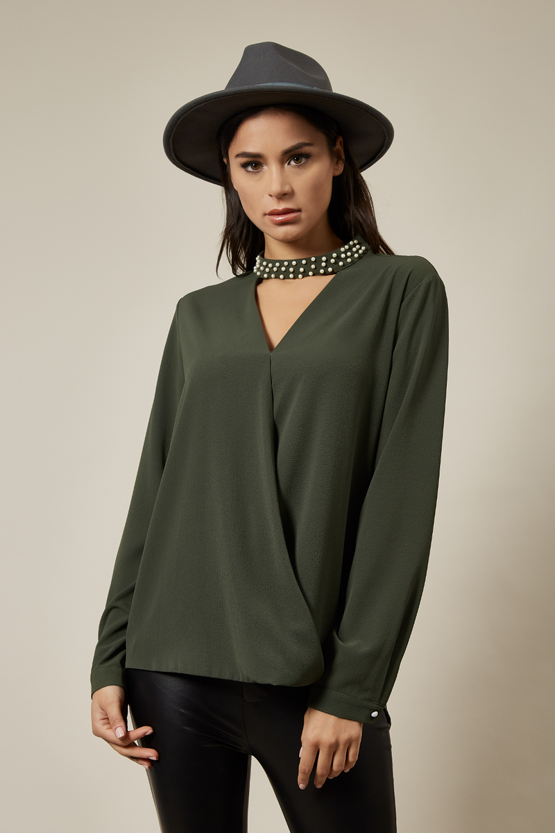 Long Sleeves Oversized Top with Pearl Detail Collar In Khaki