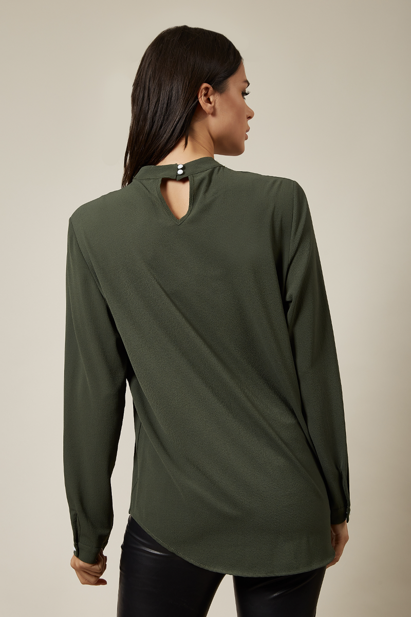 Long Sleeves Oversized Top with Pearl Detail Collar In Khaki