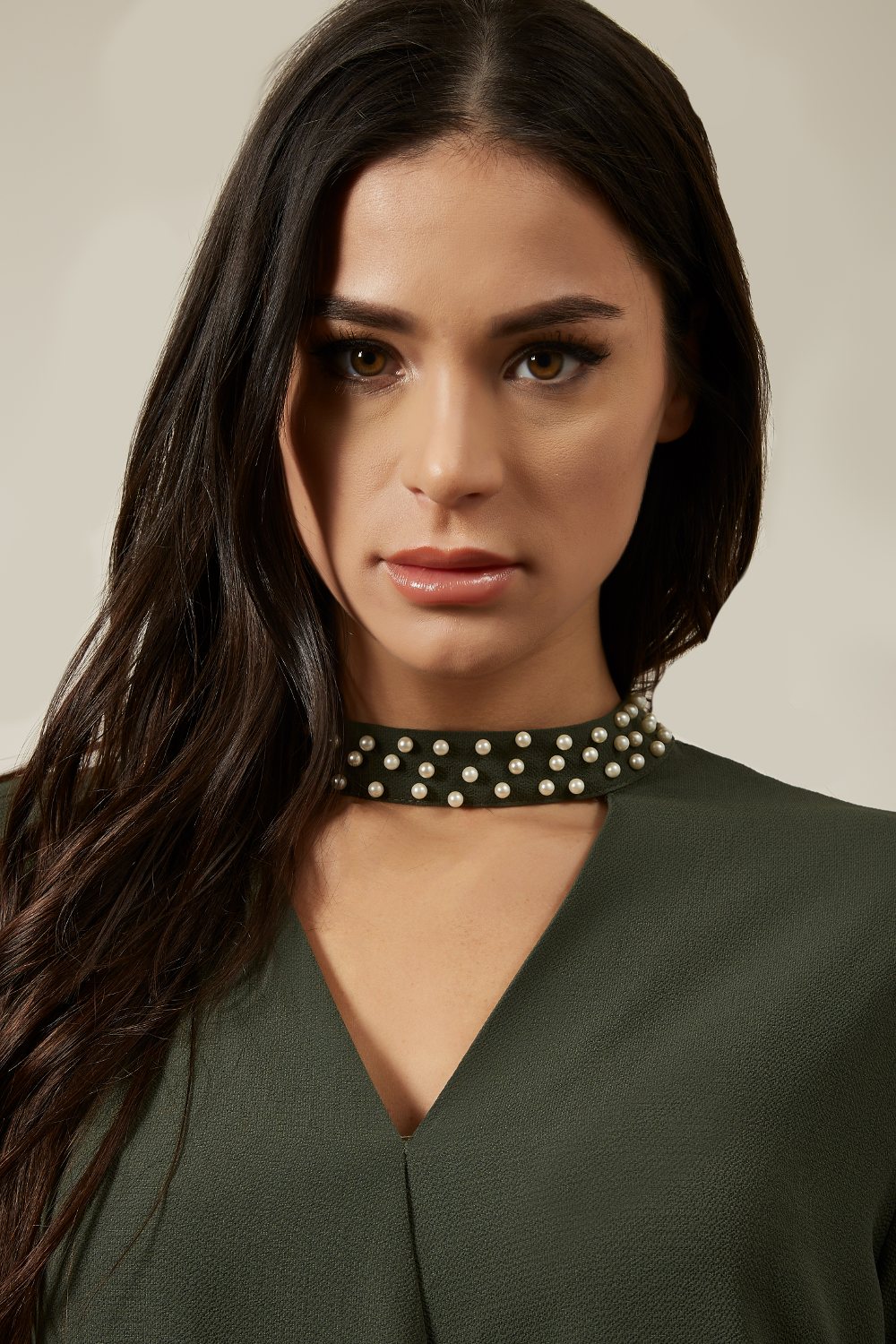 Long Sleeves Oversized Top with Pearl Detail Collar In Khaki