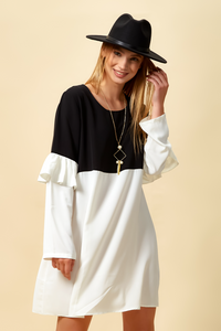 Colour Block Top with Frill Detailed on Sleeve in Black and White