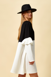 Colour Block Top with Frill Detailed on Sleeve in Black and White