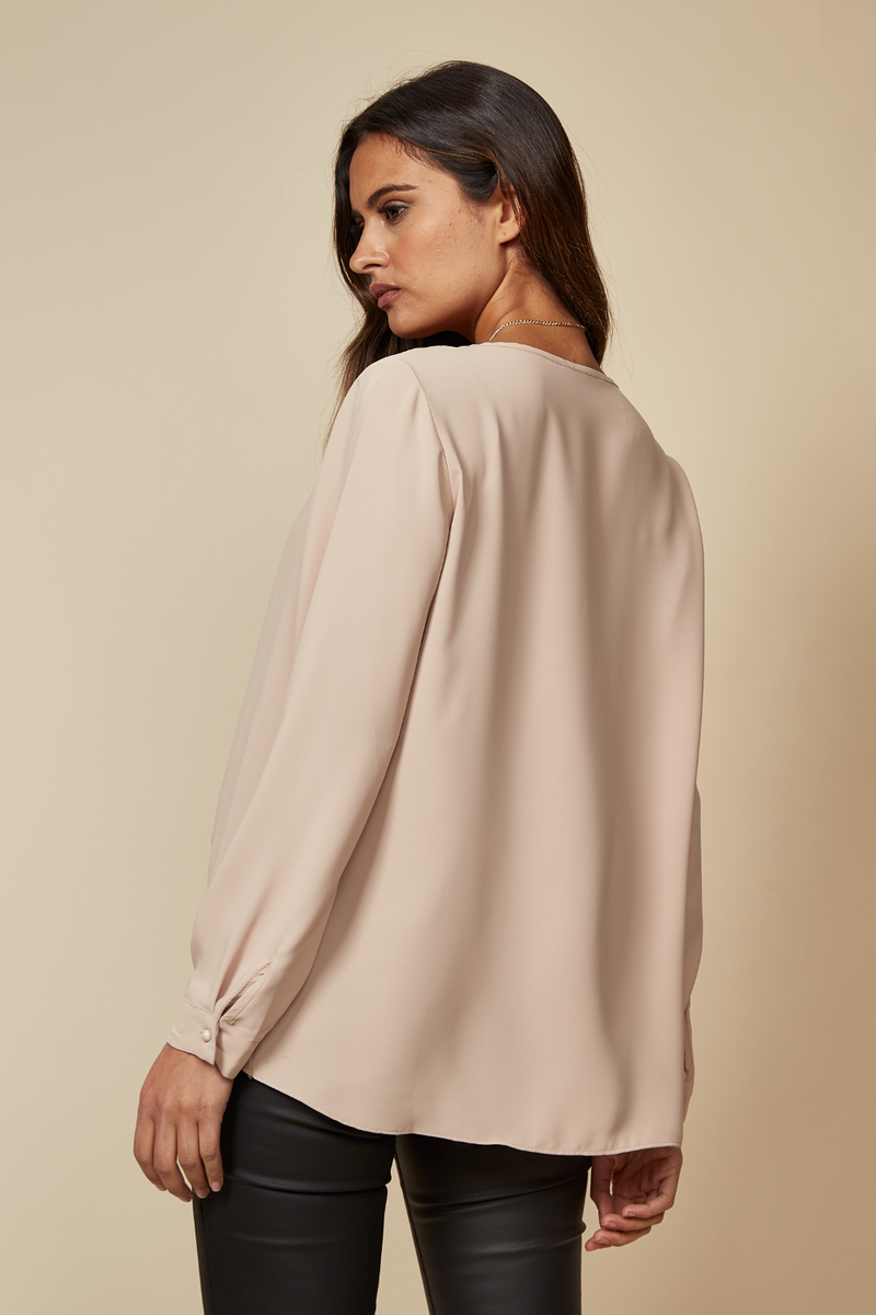Long Sleeves Relaxed Fit Layered Top with Necklace in Beige