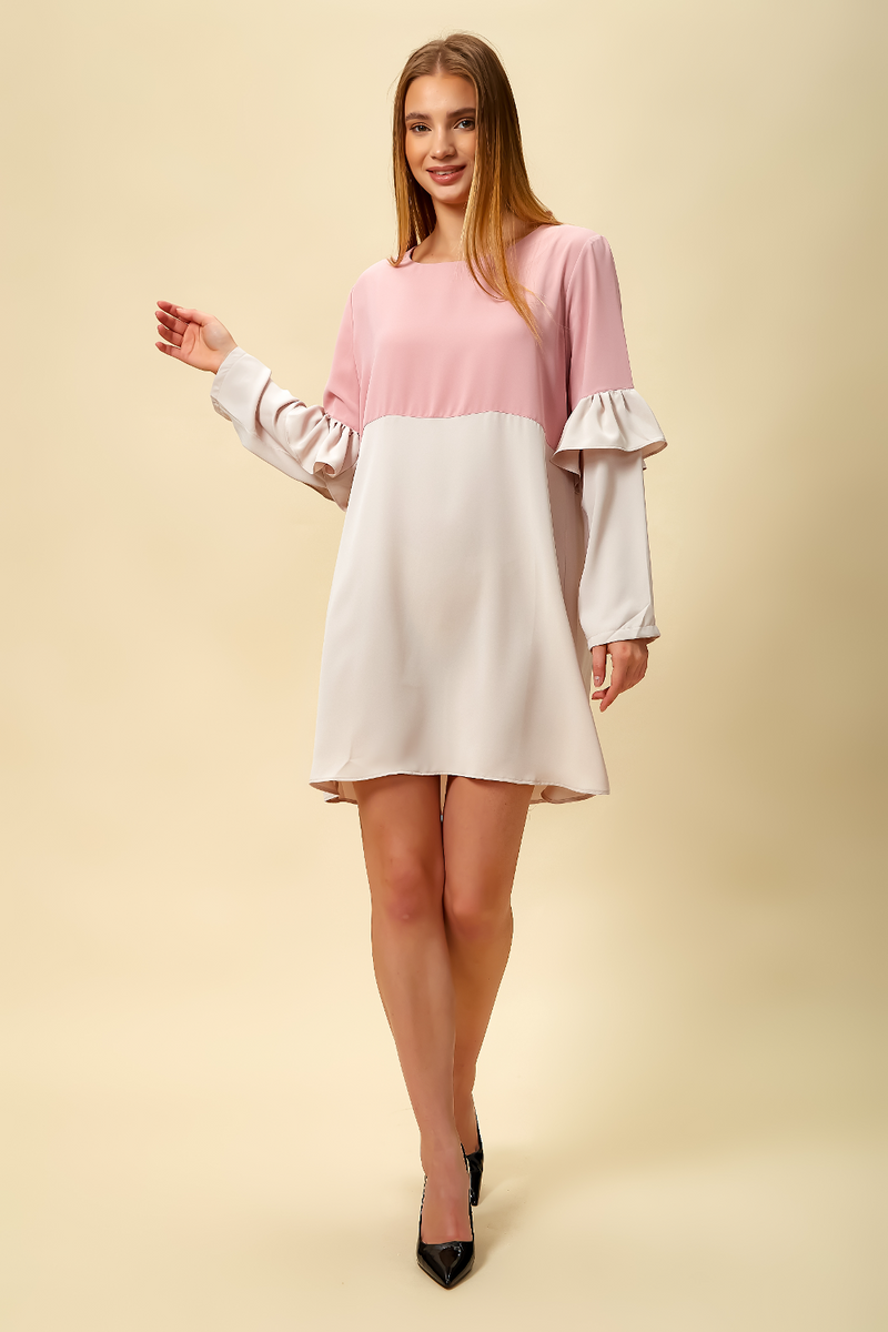 Colour Block Top with Frill Detailed on Sleeve in Beige and Pink