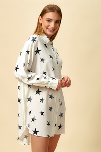 Oversized Tunic Shirt with Star Printed in White