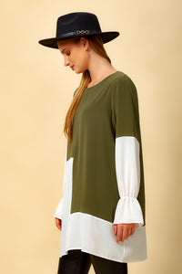 Oversized Colour Block Top in Green and White