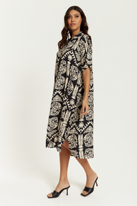 Oversized Printed Shirt Midi Dress with Short Sleeves in Black