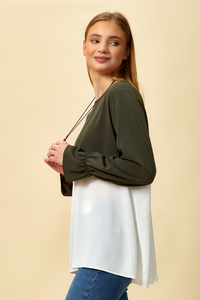 Long Sleeve Relaxed Fit Block Top with Necklace In Khaki and White