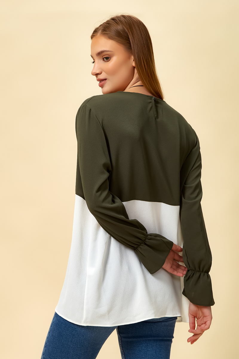 Long Sleeve Relaxed Fit Block Top with Necklace In Khaki and White
