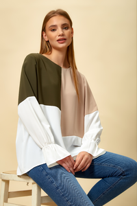 Oversized Colour Block Blouse in Green and Beige