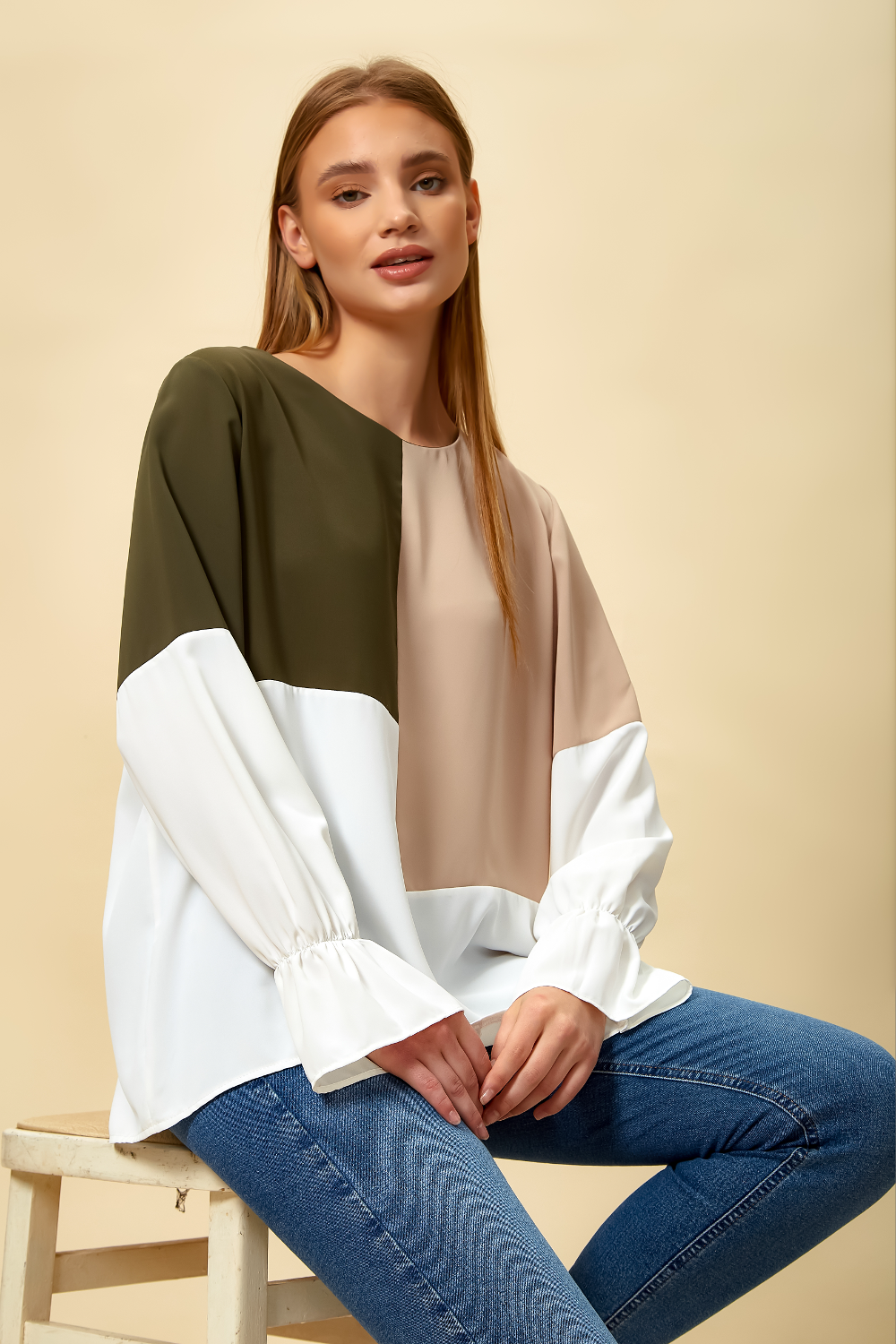 Oversized Colour Block Blouse in Green and Beige