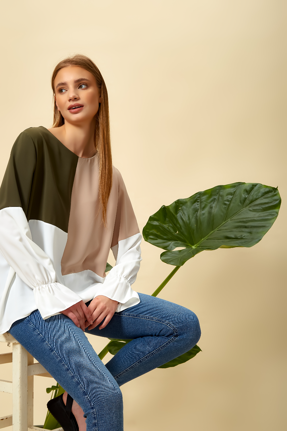 Oversized Colour Block Blouse in Green and Beige