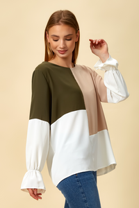 Oversized Colour Block Blouse in Green and Beige