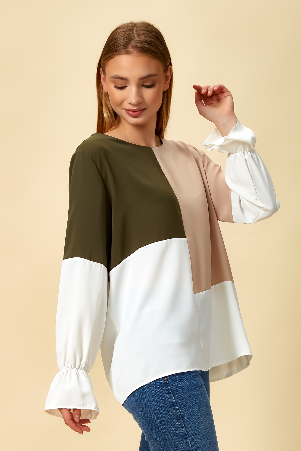Oversized Colour Block Blouse in Green and Beige