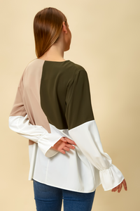 Oversized Colour Block Blouse in Green and Beige
