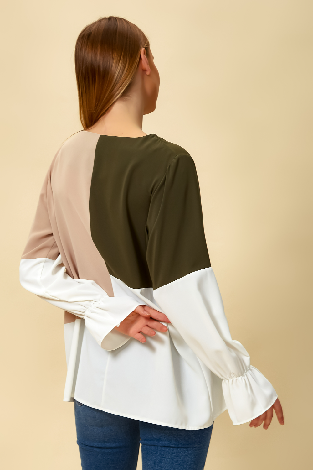 Oversized Colour Block Blouse in Green and Beige
