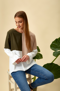 Oversized Colour Block Blouse in Green and Beige