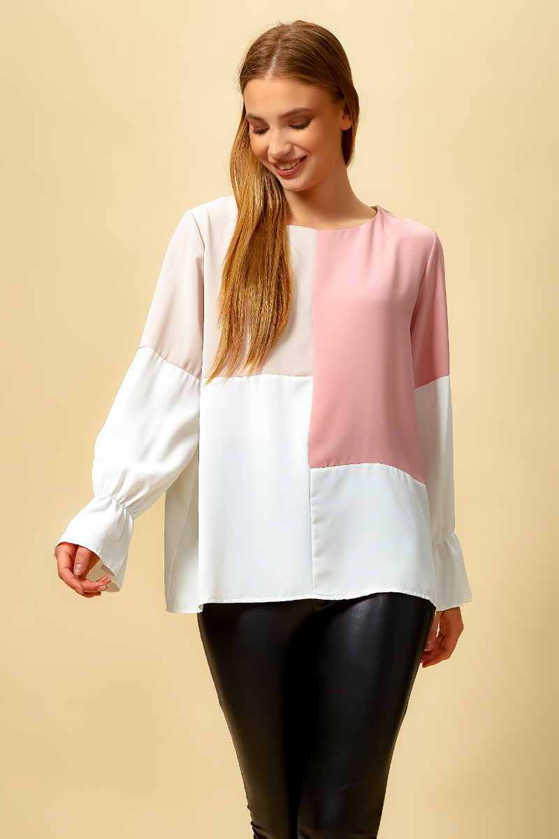 Oversized Colour Block Blouse in Pink and Beige