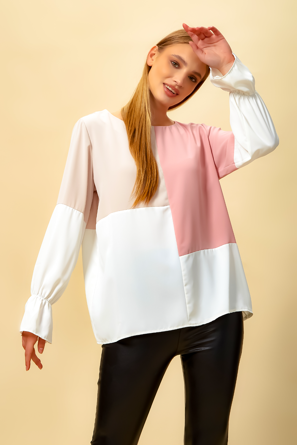 Oversized Colour Block Blouse in Pink and Beige