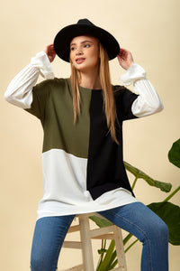 Oversized Colour Block Top in Black, Green and White