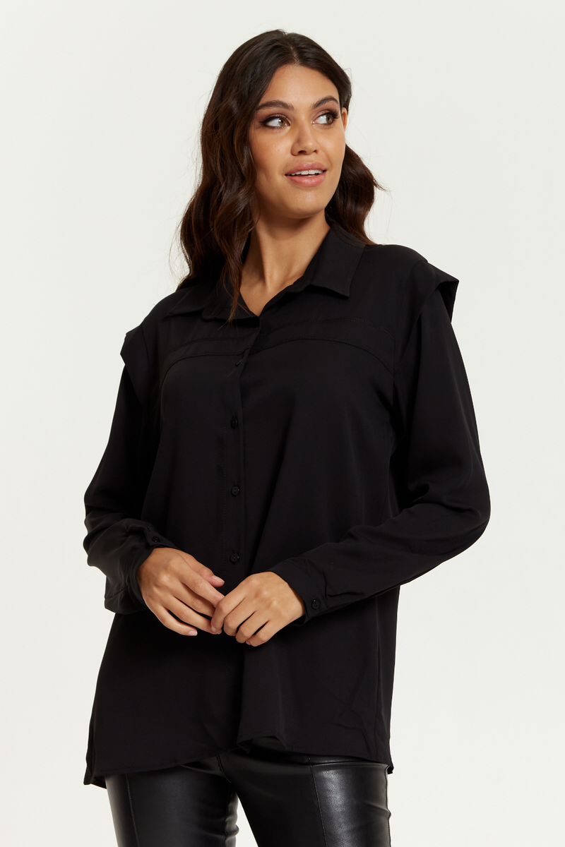 Oversized Shoulder Detailed Long Sleeves Shirt in Black
