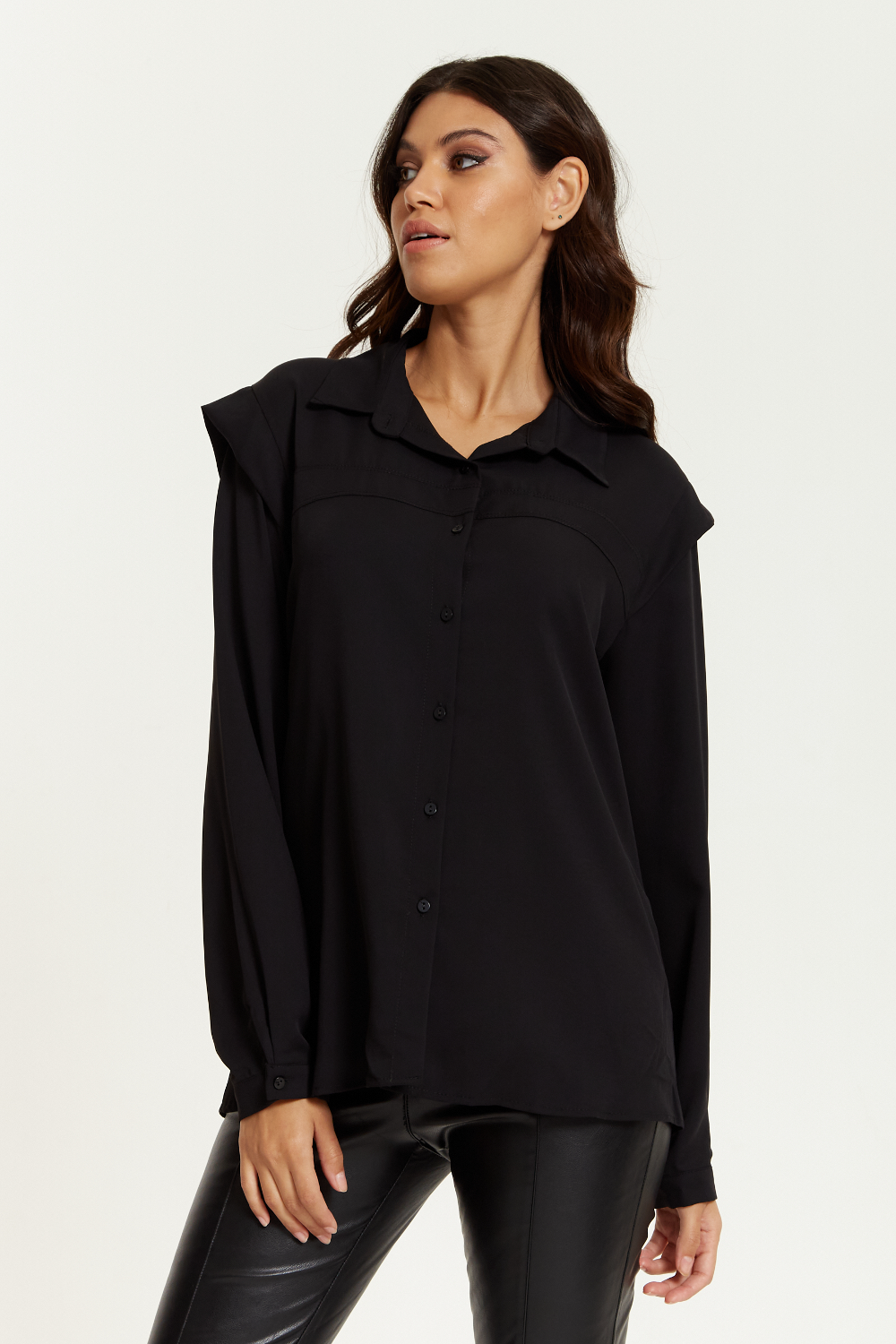 Oversized Shoulder Detailed Long Sleeves Shirt in Black