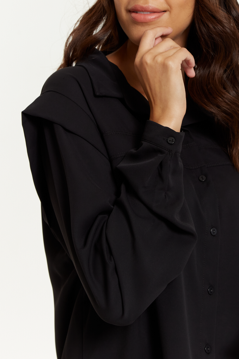 Oversized Shoulder Detailed Long Sleeves Shirt in Black