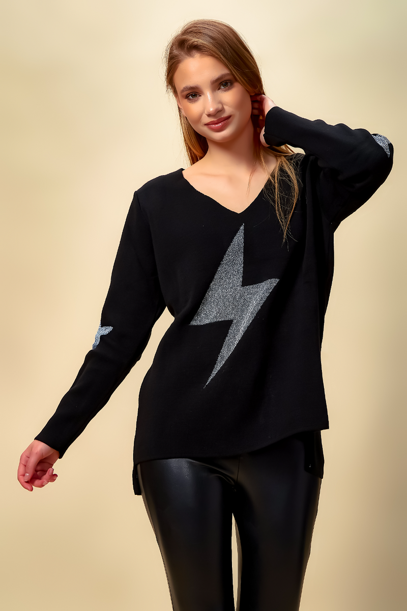 Oversized Long Sleeves Flash Top with V Neck in Black