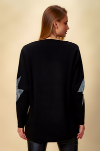 Oversized Long Sleeves Flash Top with V Neck in Black