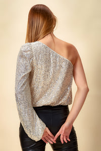Sequin One Shoulder Top in Silver