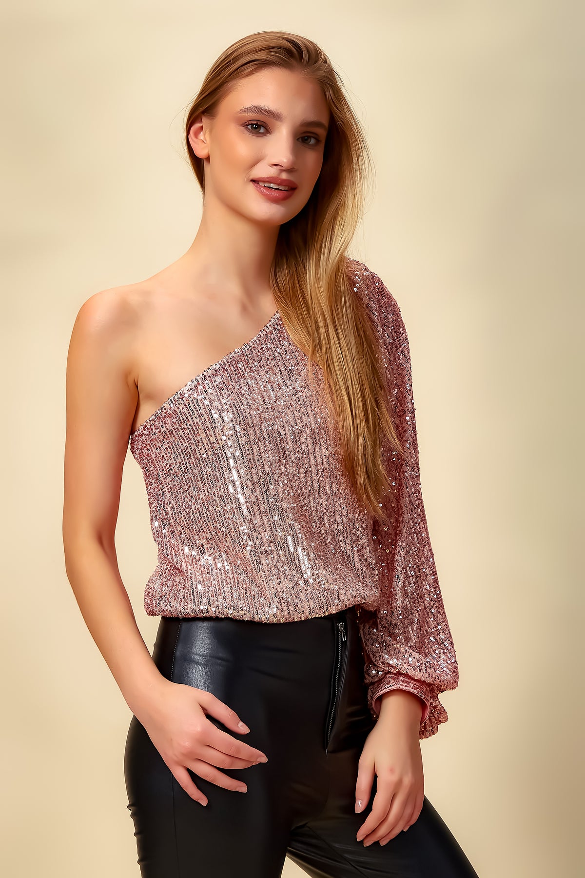 Sequin One Shoulder Top in Pink