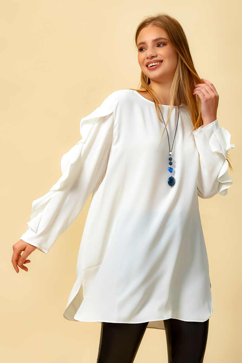 Oversized Ruffle Sleeve Relaxed Fit Tunic in White