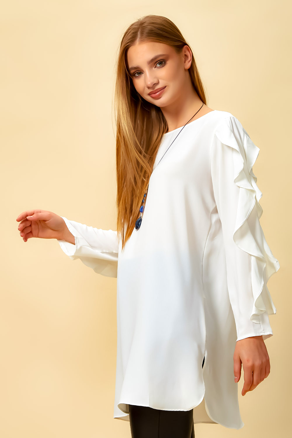 Oversized Ruffle Sleeve Relaxed Fit Tunic in White