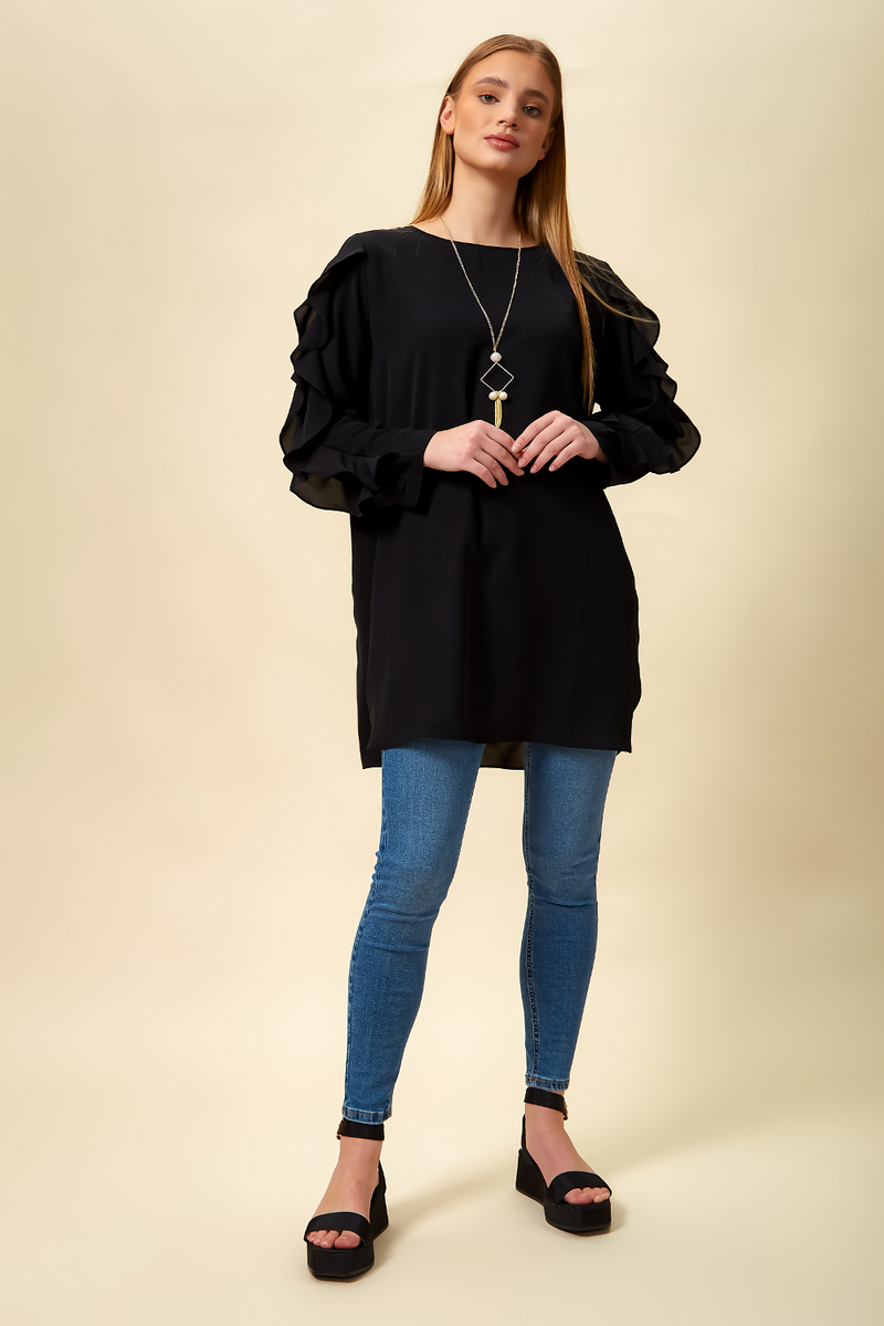 Oversized Ruffle Sleeve Relaxed Fit Tunic in Black