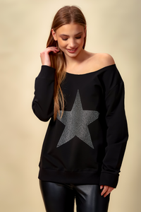Oversized Star Sweatshirt with Boat Neckline in Black