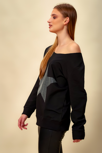 Oversized Star Sweatshirt with Boat Neckline in Black