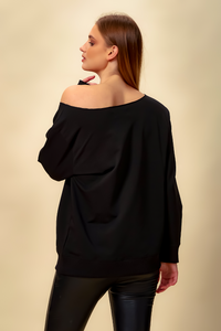 Oversized Star Sweatshirt with Boat Neckline in Black