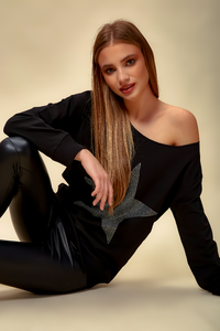 Oversized Star Sweatshirt with Boat Neckline in Black