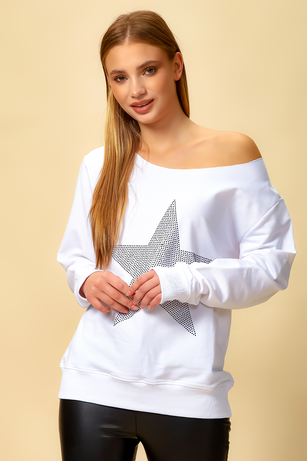 Oversized Star Sweatshirt with Boat Neckline in White