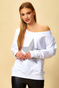 Oversized Star Sweatshirt with Boat Neckline in White