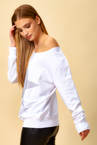 Oversized Star Sweatshirt with Boat Neckline in White