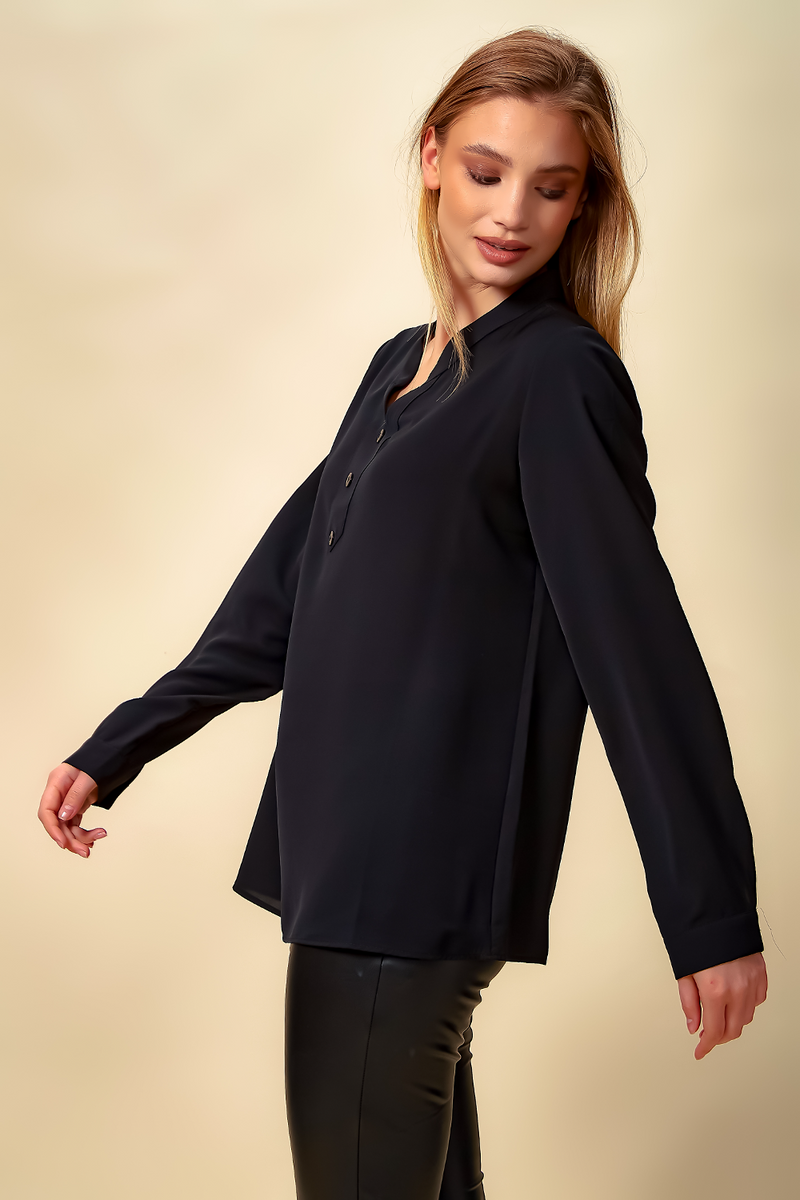 Oversized Long Sleeves Top with Button Details in Black