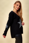 Oversized Long Sleeves Star Top with V Neck in Black