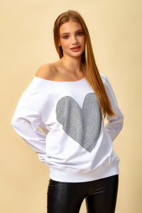 Oversized Heart Sweatshirt with Boat Neckline in White