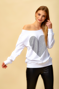 Oversized Heart Sweatshirt with Boat Neckline in White