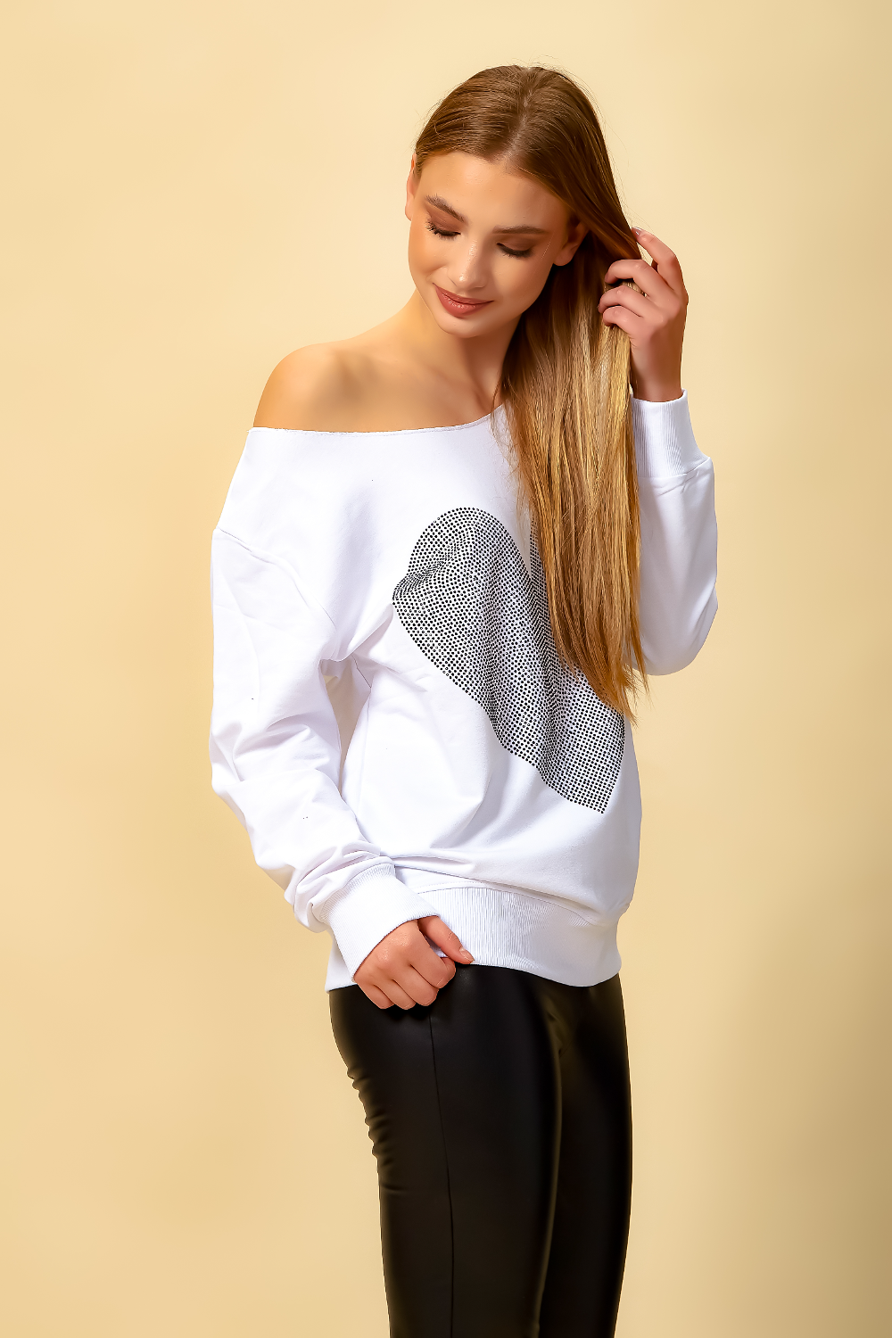Oversized Heart Sweatshirt with Boat Neckline in White