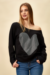 Oversized Heart Sweatshirt with Boat Neckline in Black